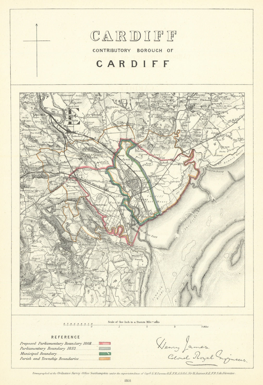 Cardiff Contributory Borough of Cardiff. JAMES. Boundary Commission 1868 map